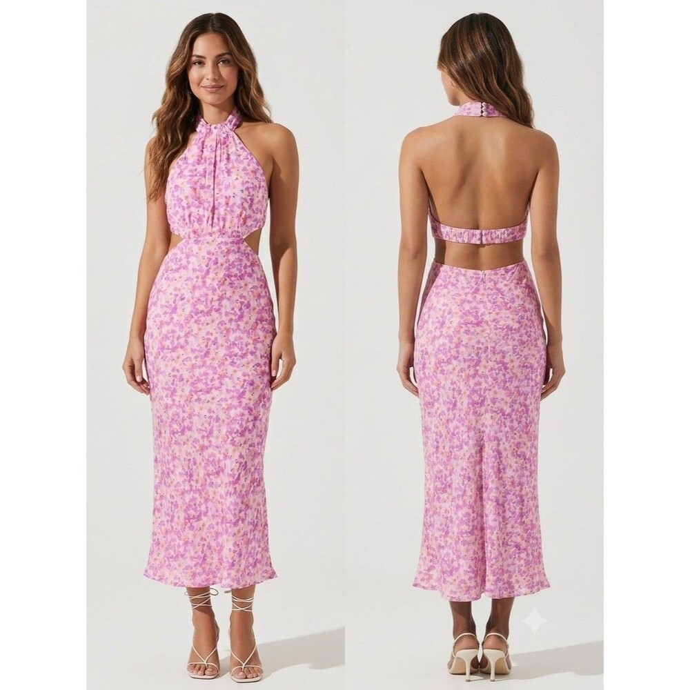 ASTR The Label Ambretta Purple Floral Cutout Halter Midi Dress Women Sz L New